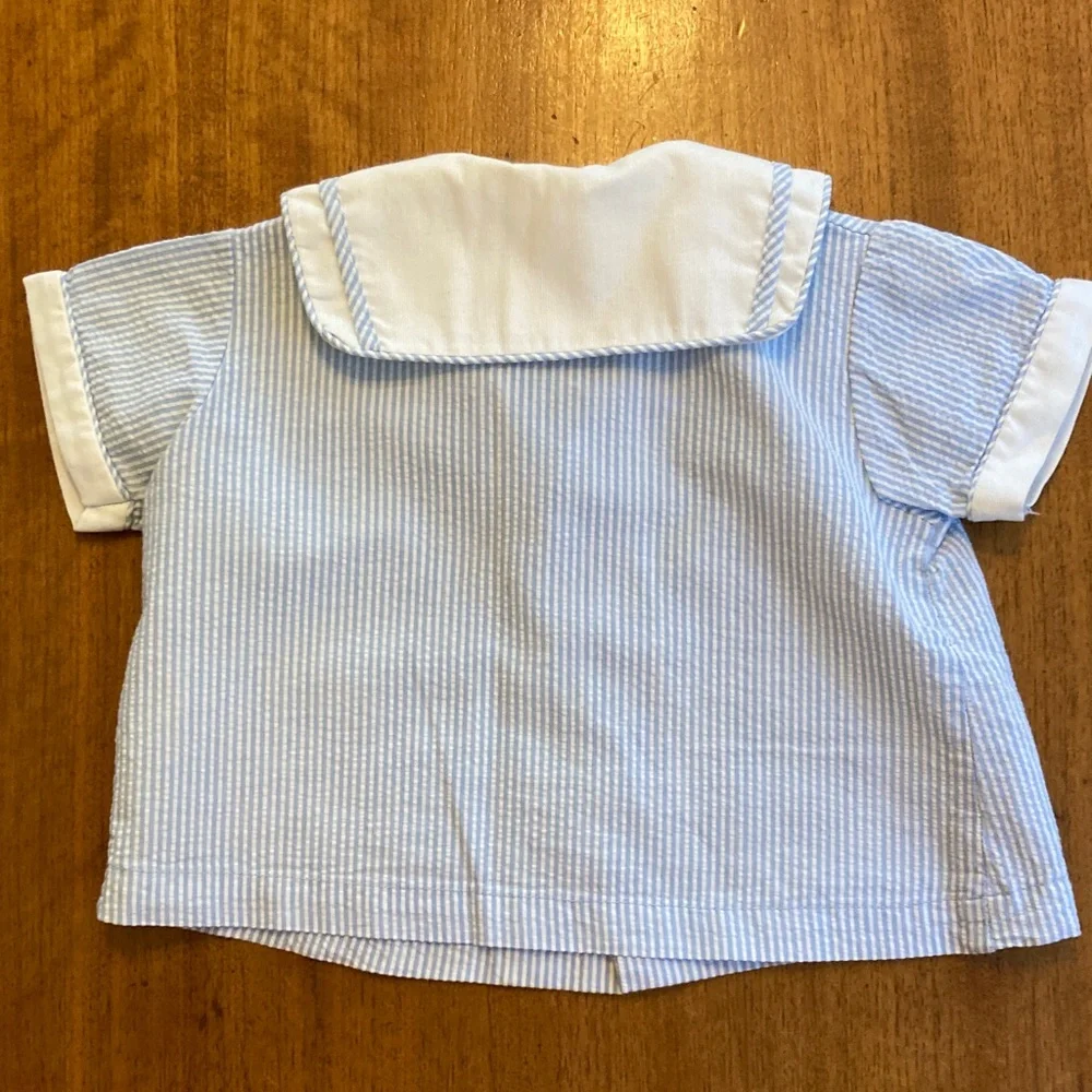 Vintage 60s Two Piece Baby Sailor Suit Blue and White Seahorse 3-6mo - Picture 7 of 11